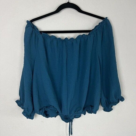 Lane Bryant Plus Size 18/20 Classic Sleeve Off-The-Shoulder Teal Top Swiss Dot - Picture 3 of 12